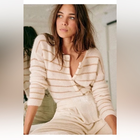 NWOT SEZANE Gaspard cardigan ECRU GOLD Striped - Picture 2 of 14